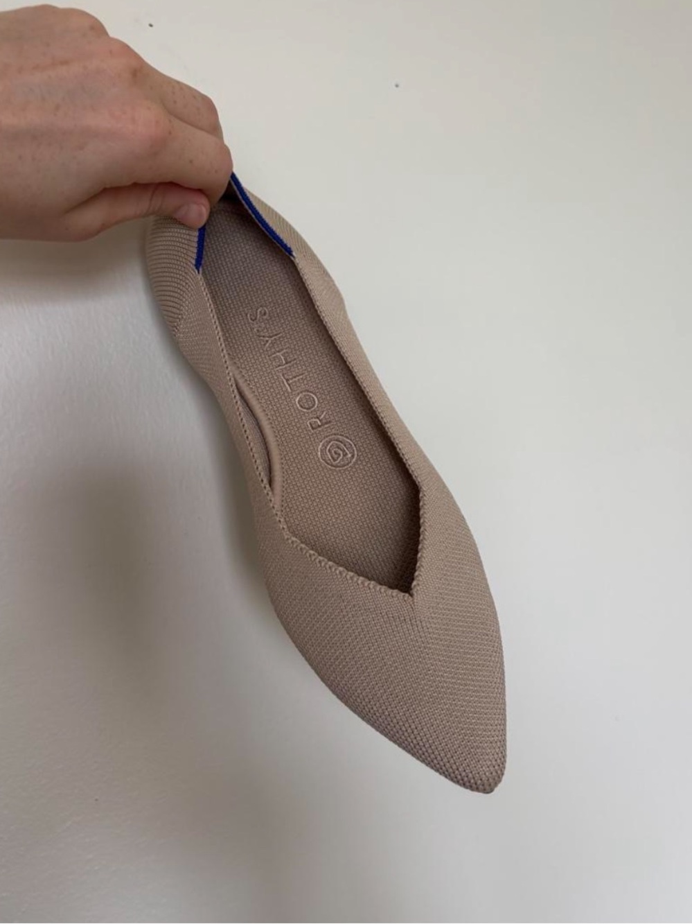Rothy's Pointed Knit Flats in Taupe with Blue Trim - Picture 5 of 5
